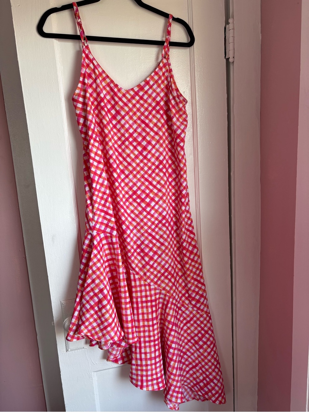 Tommy Bahama Watercolor Gingham Asymmetrical Ruffle Midi Slip Dress Pink XS - Picture 3 of 6